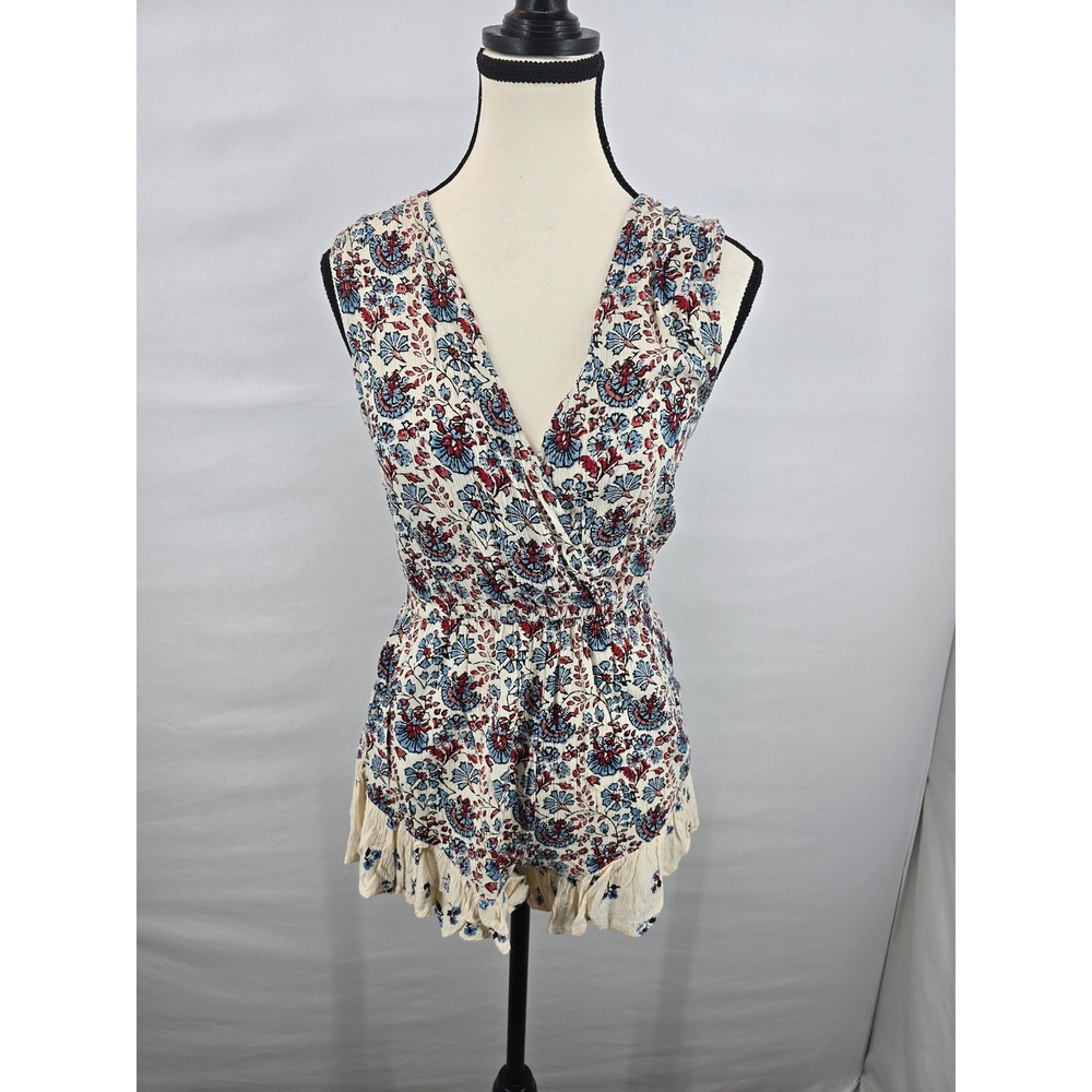 Billabong Womens Floral Paisley Sleeveless Ruffle Romper Ivory Red Blue Small